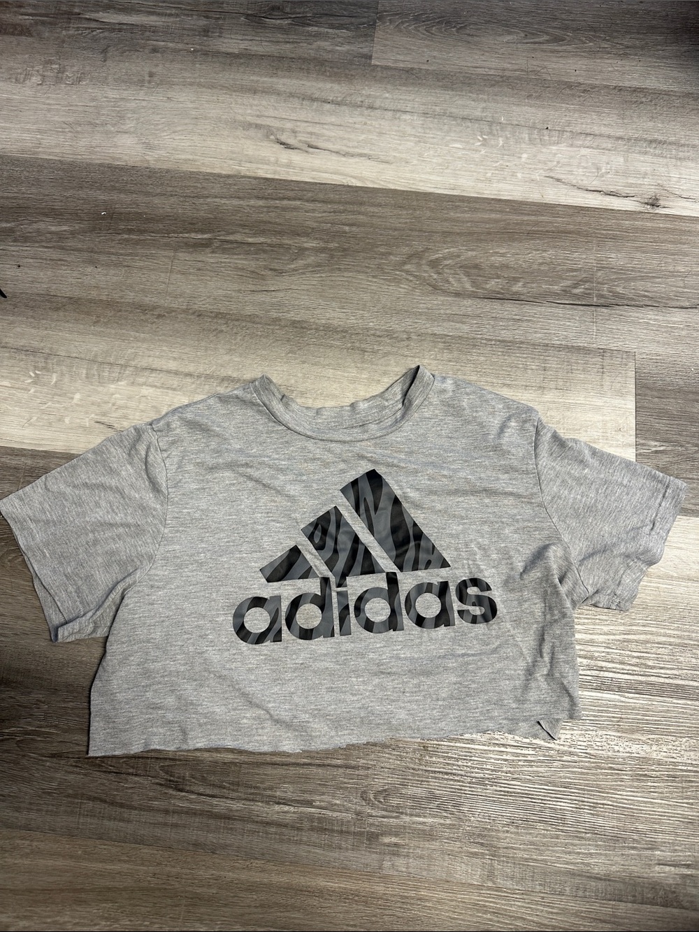 adidas Gray Cropped Logo Tee with Black Zebra Print